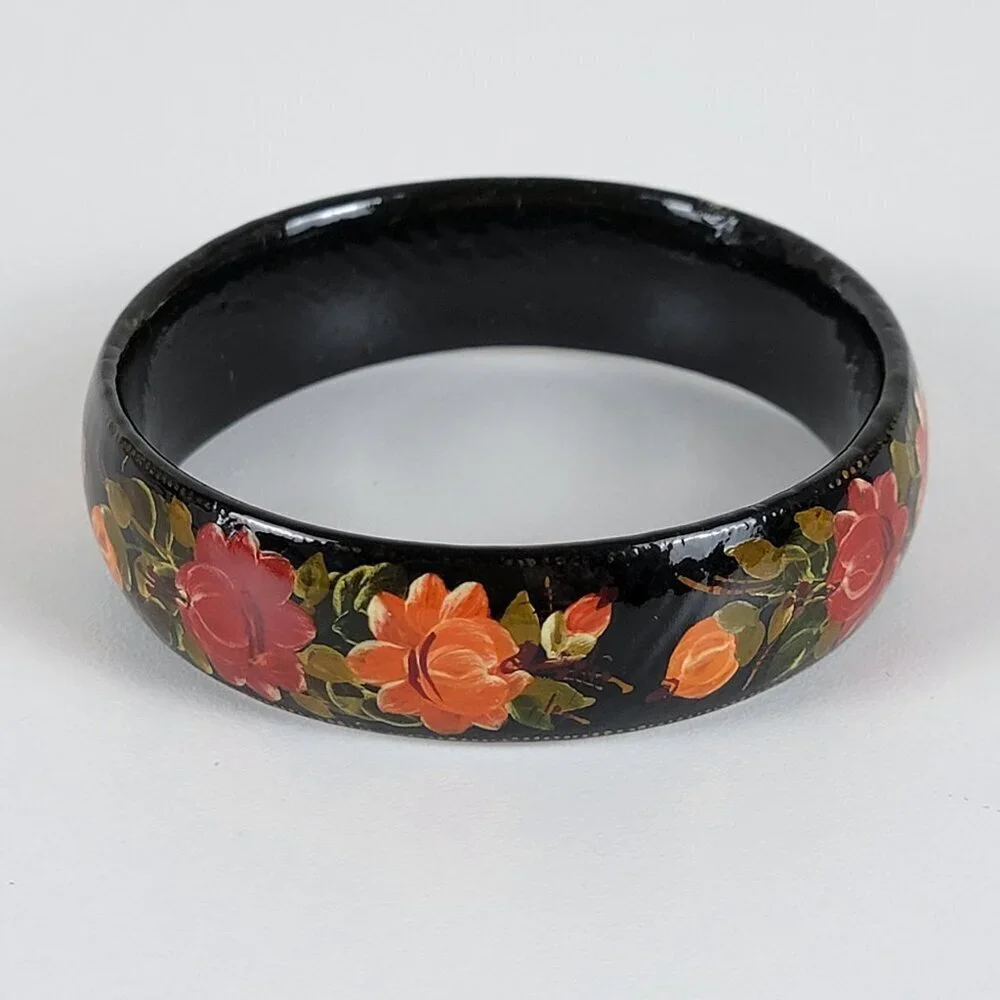 Vintage Hand Painted Russian Lacquer Bangle Bracelet Black And Red 8 In